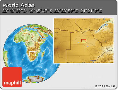 Physical Location Map of the Area around 20° 2' 43" S, 23° 52' 30" E