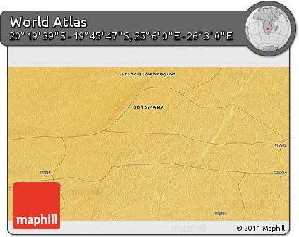 Physical 3D Map of the Area around 20° 2' 43" S, 25° 34' 30" E
