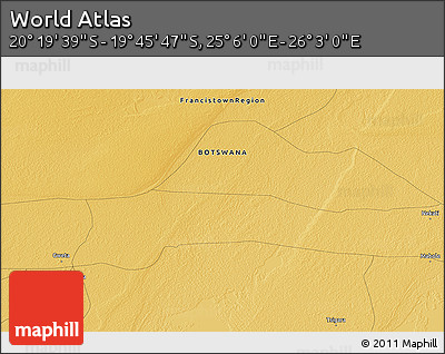 Physical 3D Map of the Area around 20° 2' 43" S, 25° 34' 30" E