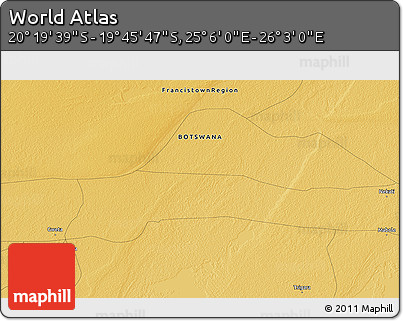 Physical 3D Map of the Area around 20° 2' 43" S, 25° 34' 30" E