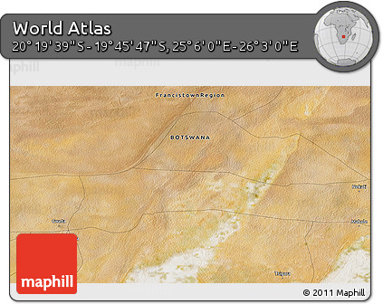 Satellite 3D Map of the Area around 20° 2' 43" S, 25° 34' 30" E