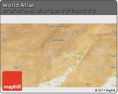 Satellite 3D Map of the Area around 20° 2' 43" S, 25° 34' 30" E