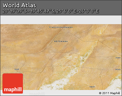 Satellite 3D Map of the Area around 20° 2' 43" S, 25° 34' 30" E