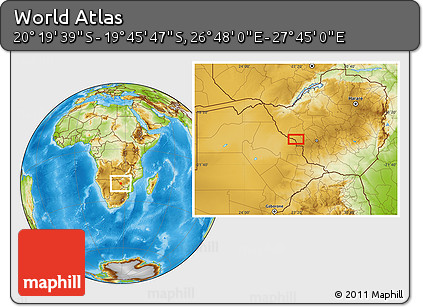 Physical Location Map of the Area around 20° 2' 43" S, 27° 16' 29" E