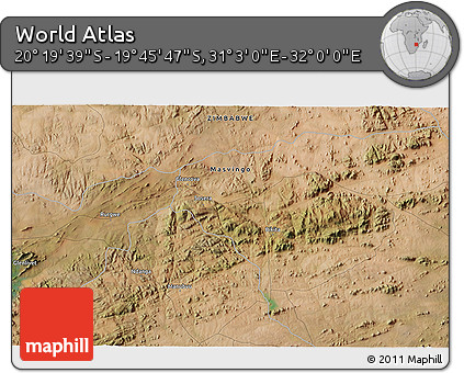 Satellite 3D Map of the Area around 20° 2' 43" S, 31° 31' 29" E