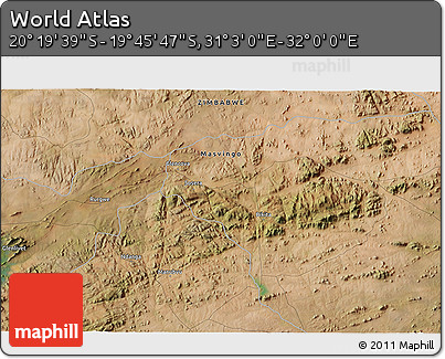 Satellite 3D Map of the Area around 20° 2' 43" S, 31° 31' 29" E