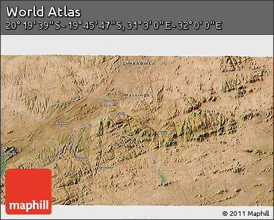 Satellite 3D Map of the Area around 20° 2' 43" S, 31° 31' 29" E