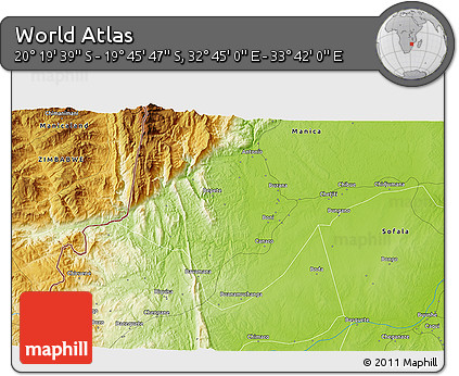 Physical 3D Map of the Area around 20° 2' 43" S, 33° 13' 30" E