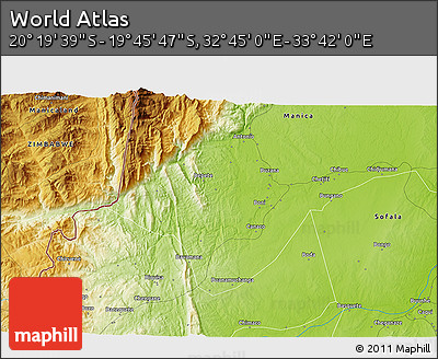 Physical 3D Map of the Area around 20° 2' 43" S, 33° 13' 30" E