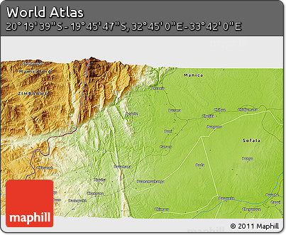 Physical 3D Map of the Area around 20° 2' 43" S, 33° 13' 30" E