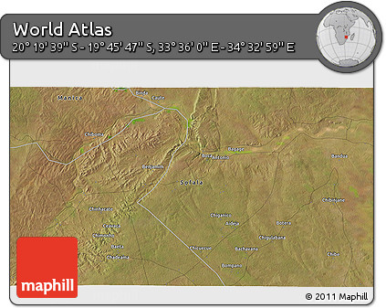 Satellite 3D Map of the Area around 20° 2' 43" S, 34° 4' 30" E