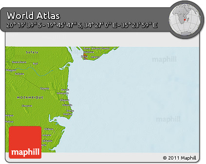 Physical 3D Map of the Area around 20° 2' 43" S, 34° 55' 29" E