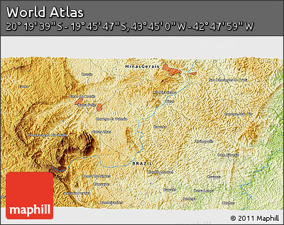 Physical 3D Map of the Area around 20° 2' 43" S, 43° 16' 29" W