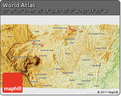 Physical 3D Map of the Area around 20° 2' 43" S, 43° 16' 29" W