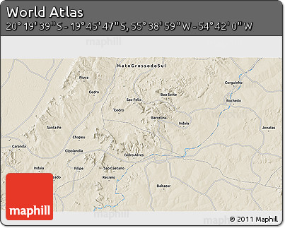 Shaded Relief 3D Map of the Area around 20° 2' 43" S, 55° 10' 29" W