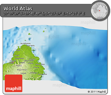 Physical 3D Map of the Area around 20° 2' 43" S, 57° 52' 30" E