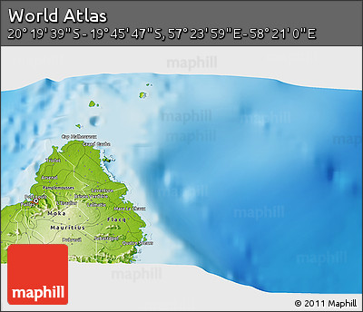 Physical 3D Map of the Area around 20° 2' 43" S, 57° 52' 30" E
