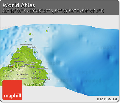 Physical 3D Map of the Area around 20° 2' 43" S, 57° 52' 30" E