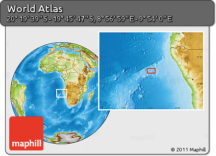 Physical Location Map of the Area around 20° 2' 43" S, 9° 25' 30" E