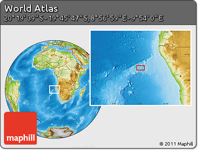 Physical Location Map of the Area around 20° 2' 43" S, 9° 25' 30" E