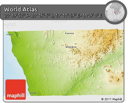 Physical 3D Map of the Area around 20° 32' 59" S, 13° 40' 30" E