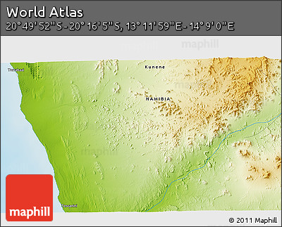 Physical 3D Map of the Area around 20° 32' 59" S, 13° 40' 30" E