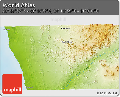 Physical 3D Map of the Area around 20° 32' 59" S, 13° 40' 30" E