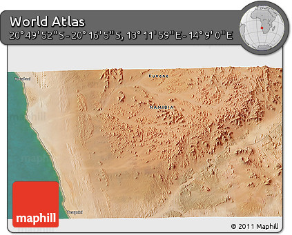 Satellite 3D Map of the Area around 20° 32' 59" S, 13° 40' 30" E