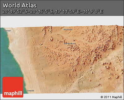 Satellite 3D Map of the Area around 20° 32' 59" S, 13° 40' 30" E