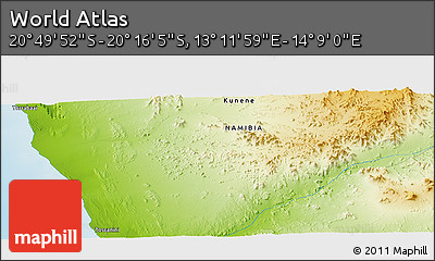 Physical Panoramic Map of the Area around 20° 32' 59" S, 13° 40' 30" E