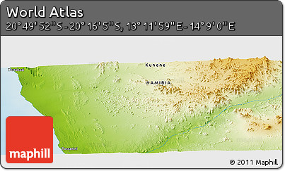 Physical Panoramic Map of the Area around 20° 32' 59" S, 13° 40' 30" E