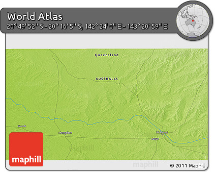 Physical 3D Map of the Area around 20° 32' 59" S, 142° 52' 30" E