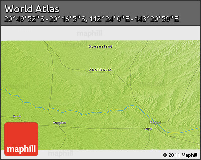Physical 3D Map of the Area around 20° 32' 59" S, 142° 52' 30" E