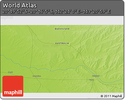 Physical 3D Map of the Area around 20° 32' 59" S, 142° 52' 30" E