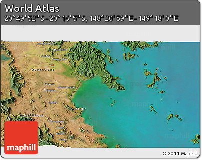Satellite 3D Map of the Area around 20° 32' 59" S, 148° 49' 29" E