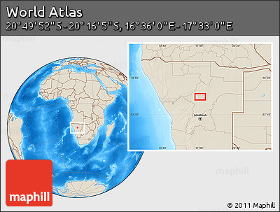 Shaded Relief Location Map of the Area around 20° 32' 59" S, 17° 4' 30" E
