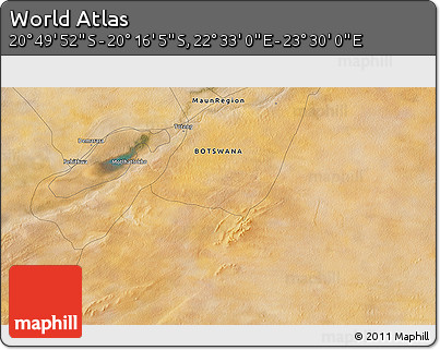 Satellite 3D Map of the Area around 20° 32' 59" S, 23° 1' 29" E