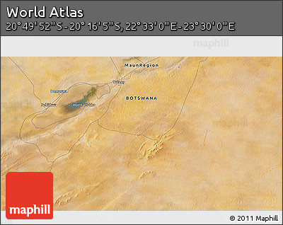 Satellite 3D Map of the Area around 20° 32' 59" S, 23° 1' 29" E