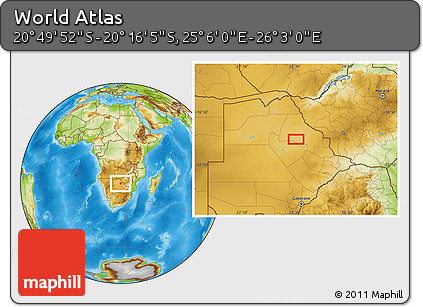 Physical Location Map of the Area around 20° 32' 59" S, 25° 34' 30" E