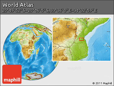 Physical Location Map of the Area around 20° 32' 59" S, 34° 4' 30" E
