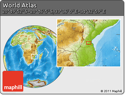 Physical Location Map of the Area around 20° 32' 59" S, 34° 4' 30" E
