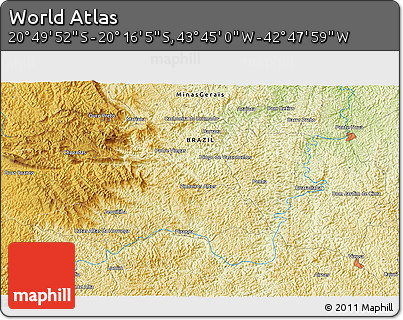 Physical 3D Map of the Area around 20° 32' 59" S, 43° 16' 29" W