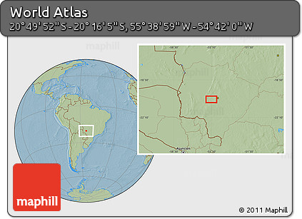Savanna Style Location Map of the Area around 20° 32' 59" S, 55° 10' 29" W, hill shading