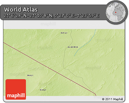 Physical 3D Map of the Area around 21° 23' 18" N, 0° 55' 29" E