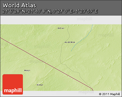 Physical 3D Map of the Area around 21° 23' 18" N, 0° 55' 29" E