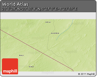 Physical 3D Map of the Area around 21° 23' 18" N, 0° 55' 29" E
