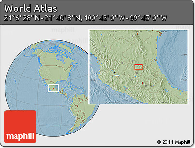 Savanna Style Location Map of the Area around 21° 23' 18" N, 100° 13' 29" W, hill shading