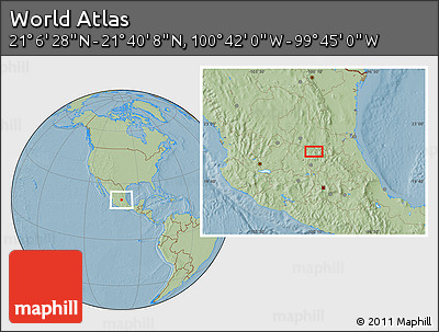 Savanna Style Location Map of the Area around 21° 23' 18" N, 100° 13' 29" W, hill shading