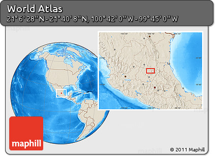Shaded Relief Location Map of the Area around 21° 23' 18" N, 100° 13' 29" W