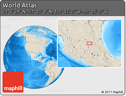 Shaded Relief Location Map of the Area around 21° 23' 18" N, 100° 13' 29" W